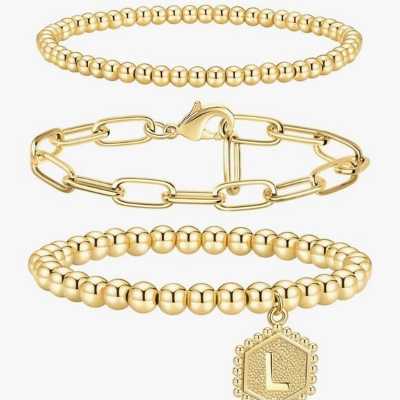 Jewelry - Gold Bracelet stack w/ “L” Initial (New)